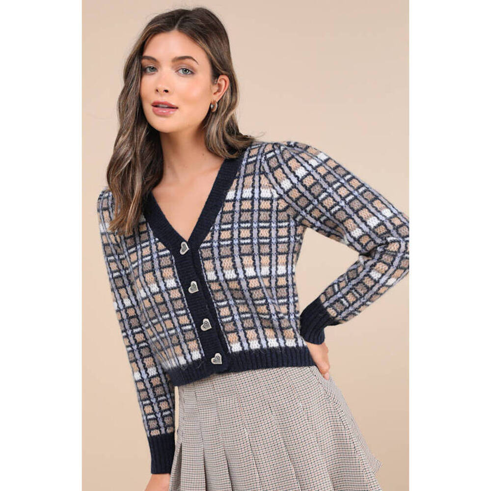 Lulus Delightful Confidence Navy Blue Plaid Heart Button Cardigan - Size S